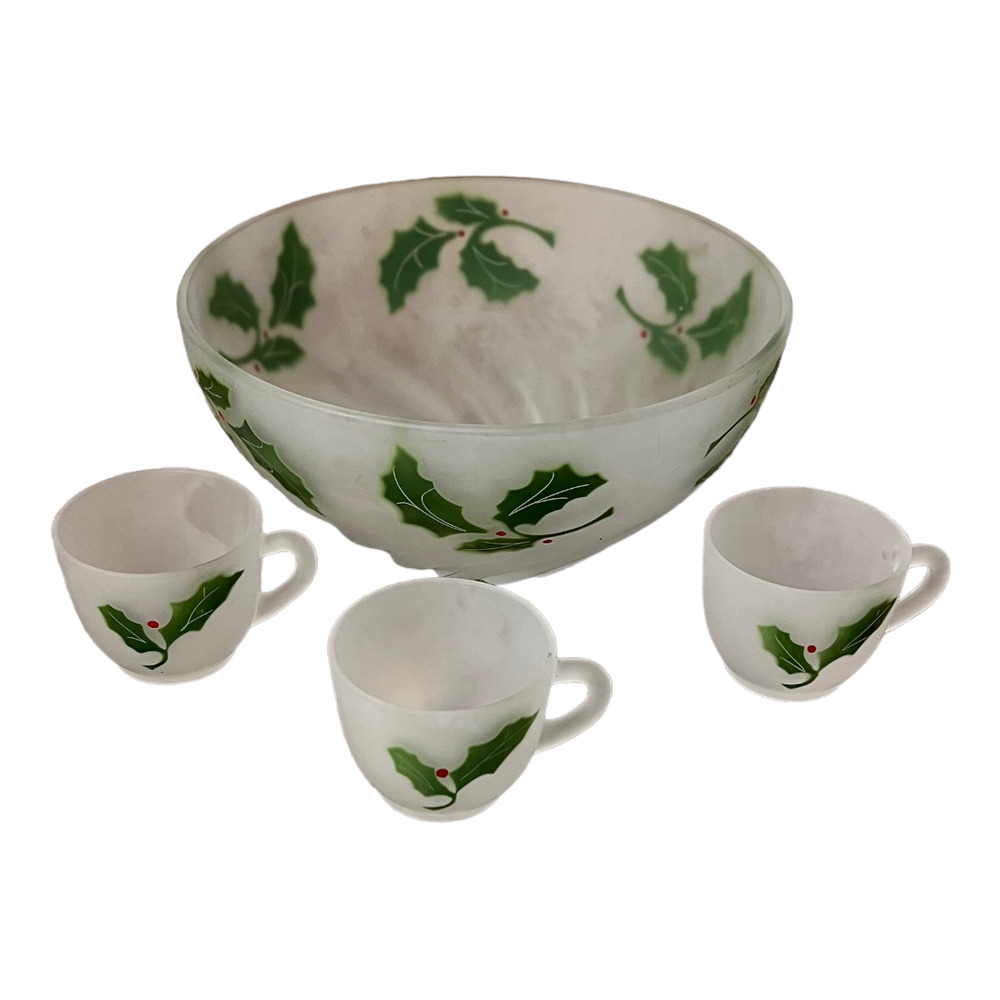 Vintage Federal Glass Company frosted punch bowl and three punch cups